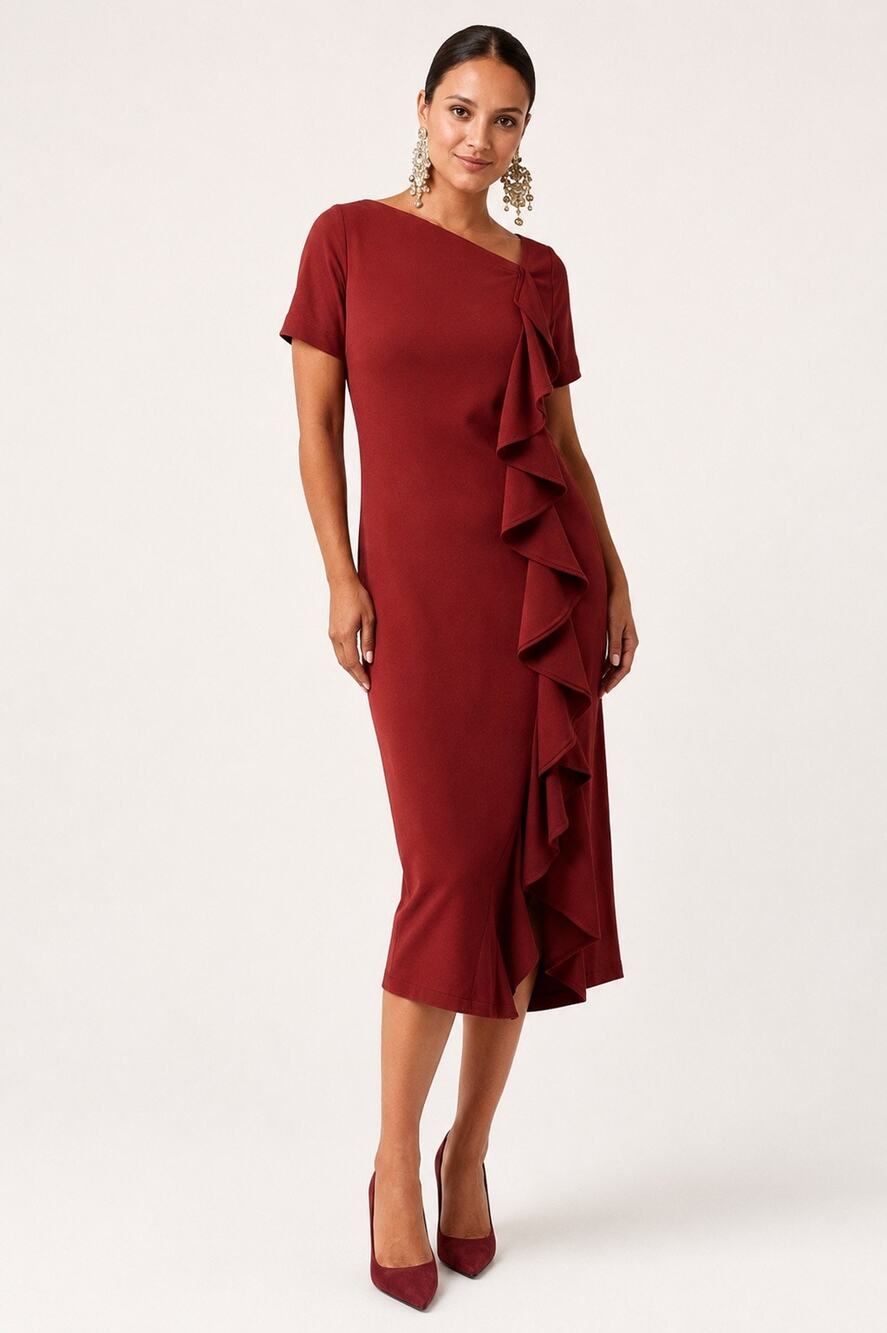 Mestiza New York Rosalie Asymmetrical Ruffle Midi Dress | Burgundy | Size 12